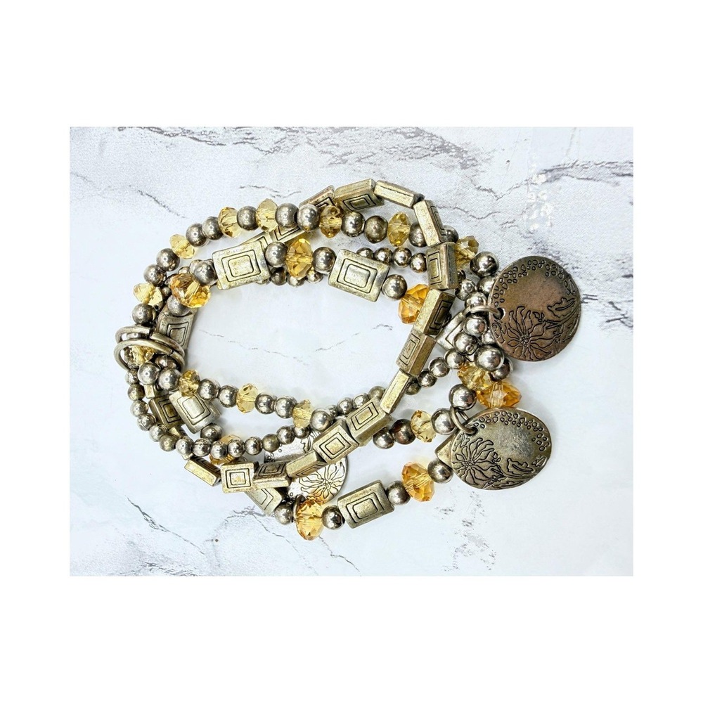 Four Strand Stretch Bracelet Citrine Glass Beads Coin Charms Two Tone Boho